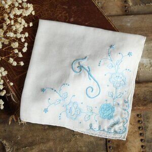 Vintage Handkerchief in White Cotton, Monogrammed with F in Blue, Hankie Pocket